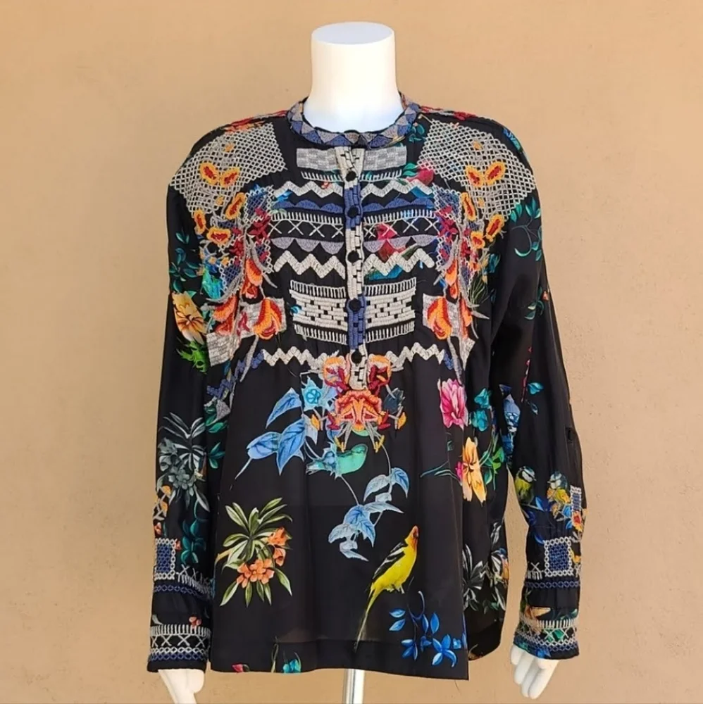 JOHNNY WAS BIYA ANTHRO Veda Embroidered Silk Blouse S M L Shirt Peasant Top Boho